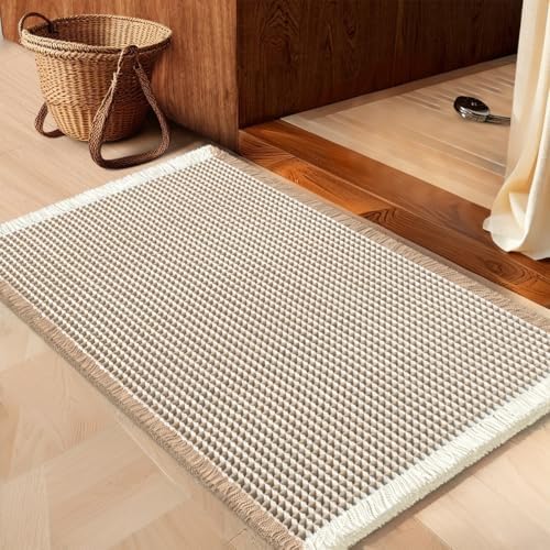 IM HOME Waffle Bath Mat Beige 32"x20", Boho Woven Modern Bath Mat Rugs, Absorbent Non Slip Bathroom Rugs, Soft Washable Bath Rugs with Tassels for Bathroom, Bedroom, Kitchen, Shower, Tub