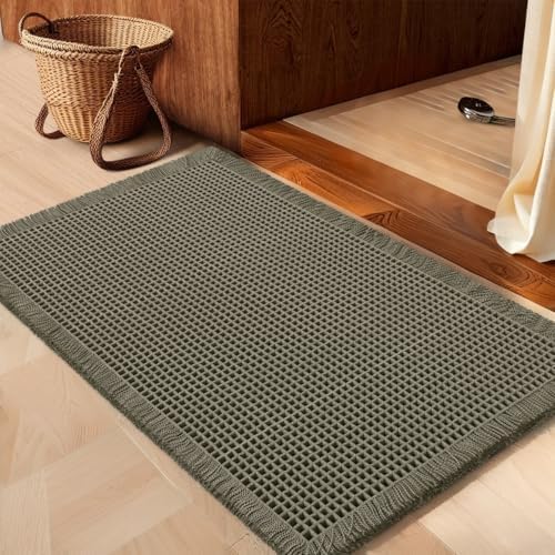 IM HOME Waffle Bath Mat Beige 32"x20", Boho Woven Modern Bath Mat Rugs, Absorbent Non Slip Bathroom Rugs, Soft Washable Bath Rugs with Tassels for Bathroom, Bedroom, Kitchen, Shower, Tub