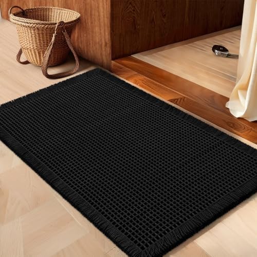IM HOME Waffle Bath Mat Beige 32"x20", Boho Woven Modern Bath Mat Rugs, Absorbent Non Slip Bathroom Rugs, Soft Washable Bath Rugs with Tassels for Bathroom, Bedroom, Kitchen, Shower, Tub