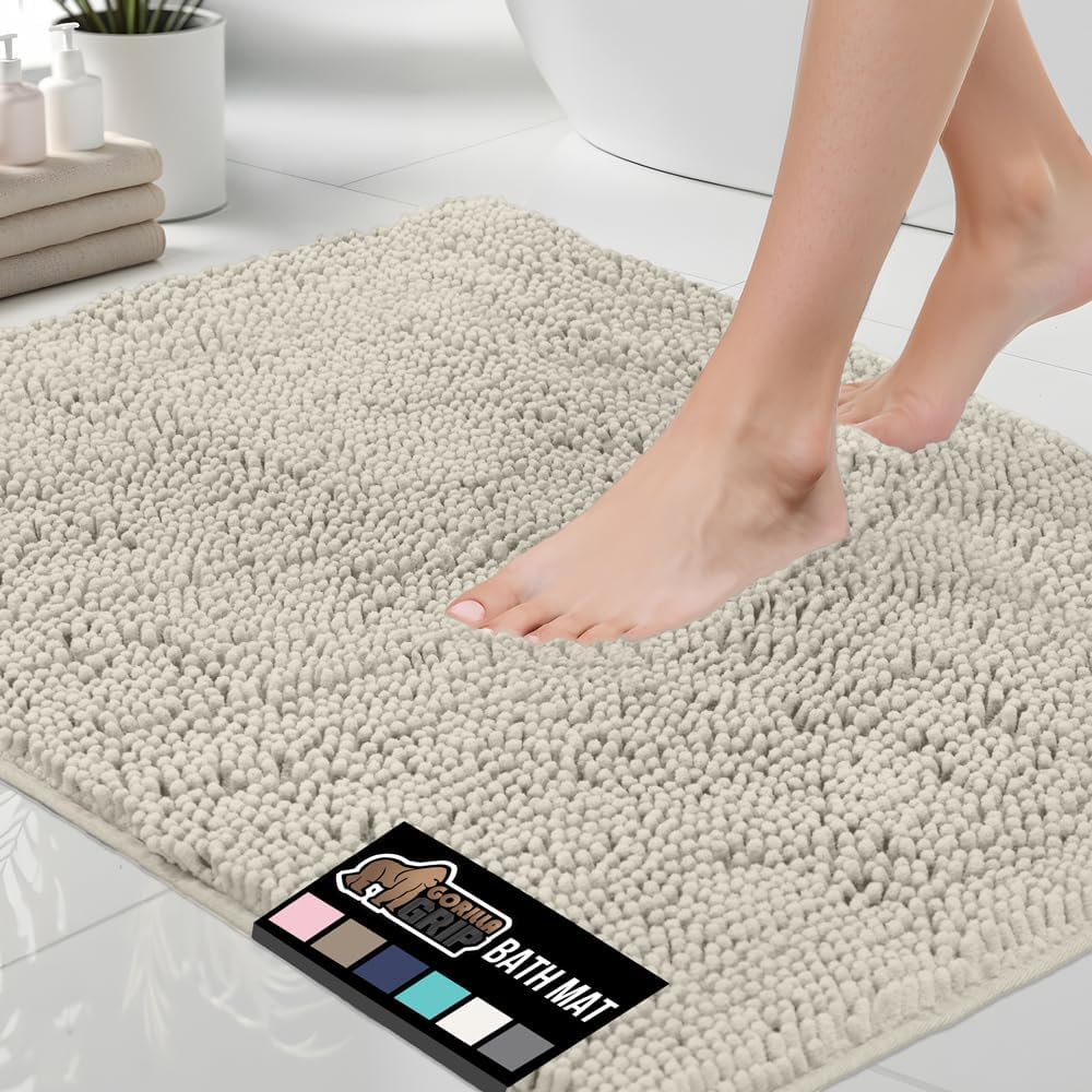 GORILLA GRIP Bath Rug Mat, Thick Soft Absorbent Chenille, Quick Dry Microfiber Mats, Rubber Backing Washable Shower Floor Rugs, US Designed Bathroom Bathmat Home Decor Accessories, 24x17, Grey