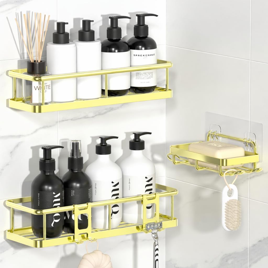 YASONIC Shower Caddy Adhesive, Rustproof Shower Shelves for Inside Shower, Large Capacity Bathroom Organizers and Storage, Shower Storage with Removable Hooks, No Drill Bathroom Accessories Black