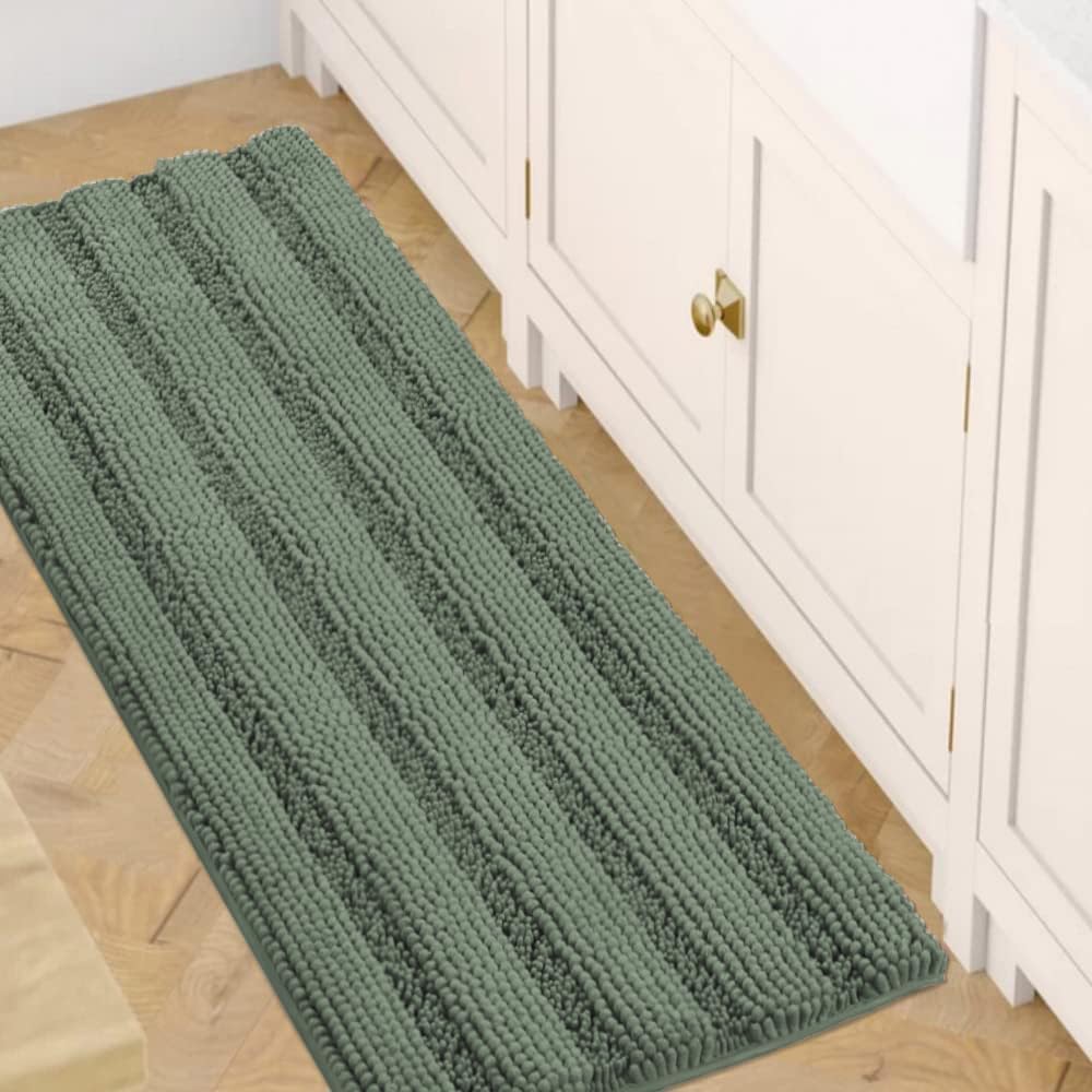 H.VERSAILTEX Sage Bathroom Rugs, Bath Mat Set of 2 Extra Thick Chenille Striped Pattern Shaggy Bath Rugs for Bath Room, Non Skid Bath Mats for Bathroom Floor (32 x 20 Plus 24 x 17 - Inches)