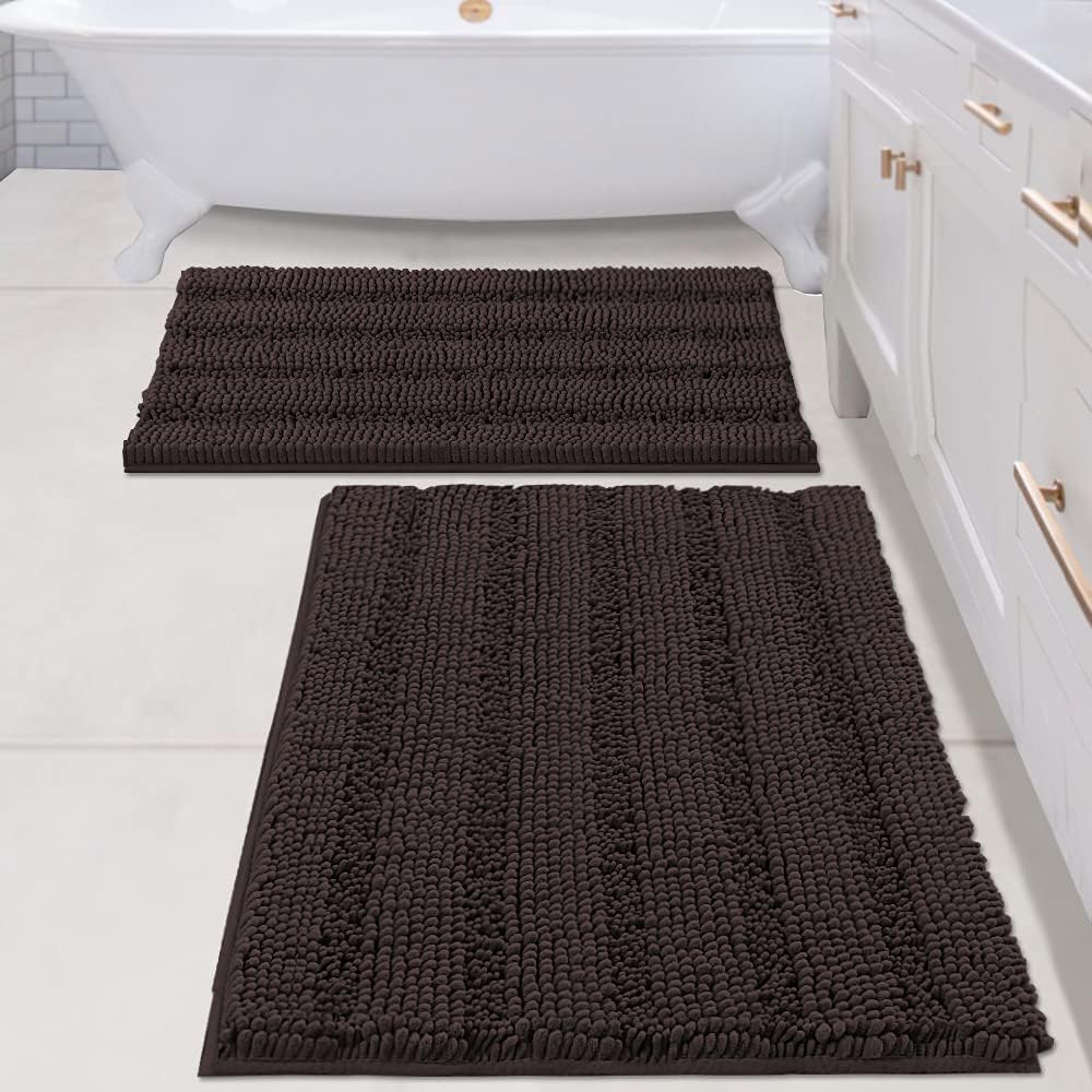 H.VERSAILTEX Sage Bathroom Rugs, Bath Mat Set of 2 Extra Thick Chenille Striped Pattern Shaggy Bath Rugs for Bath Room, Non Skid Bath Mats for Bathroom Floor (32 x 20 Plus 24 x 17 - Inches)