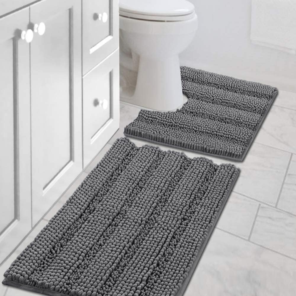 H.VERSAILTEX Sage Bathroom Rugs, Bath Mat Set of 2 Extra Thick Chenille Striped Pattern Shaggy Bath Rugs for Bath Room, Non Skid Bath Mats for Bathroom Floor (32 x 20 Plus 24 x 17 - Inches)