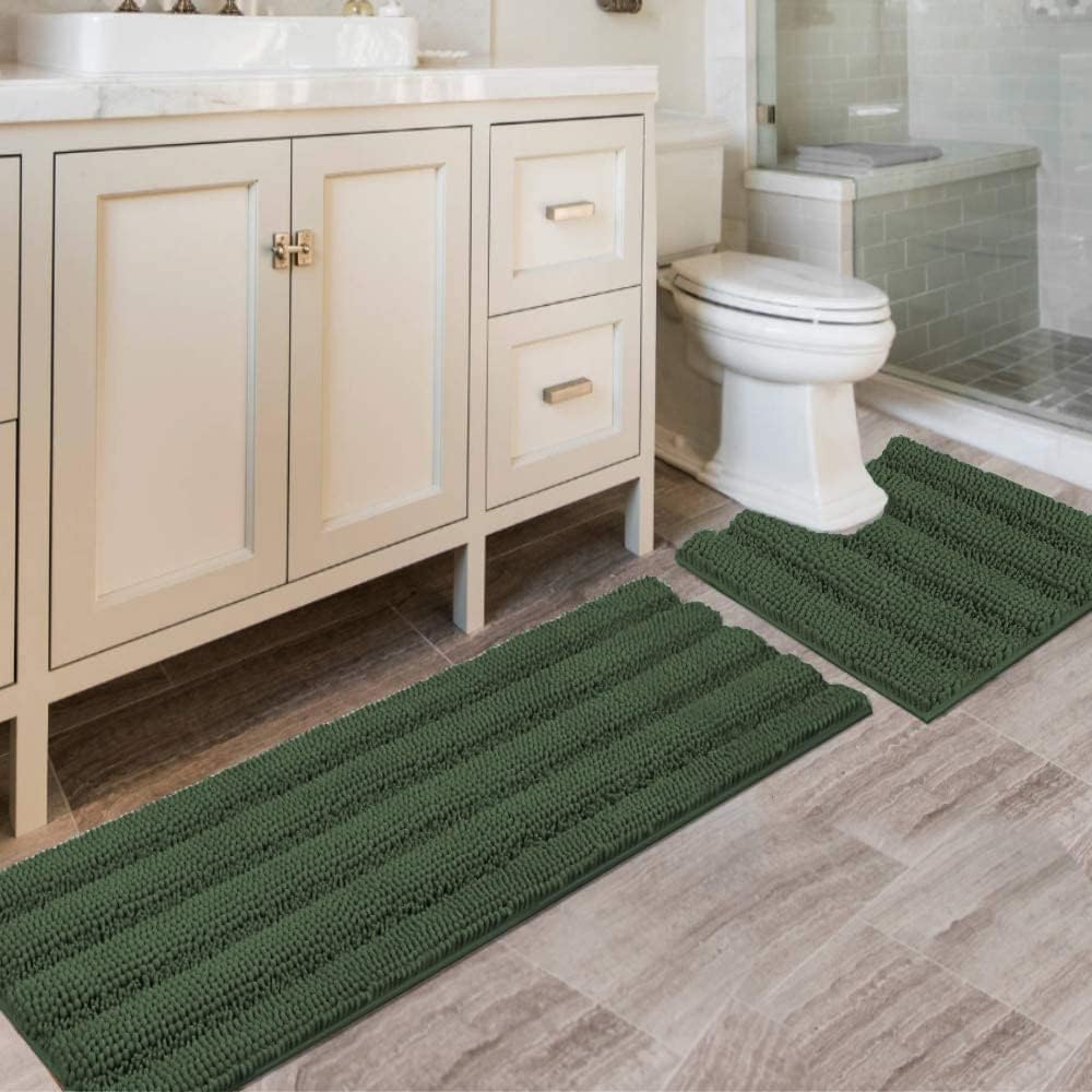 H.VERSAILTEX Sage Bathroom Rugs, Bath Mat Set of 2 Extra Thick Chenille Striped Pattern Shaggy Bath Rugs for Bath Room, Non Skid Bath Mats for Bathroom Floor (32 x 20 Plus 24 x 17 - Inches)