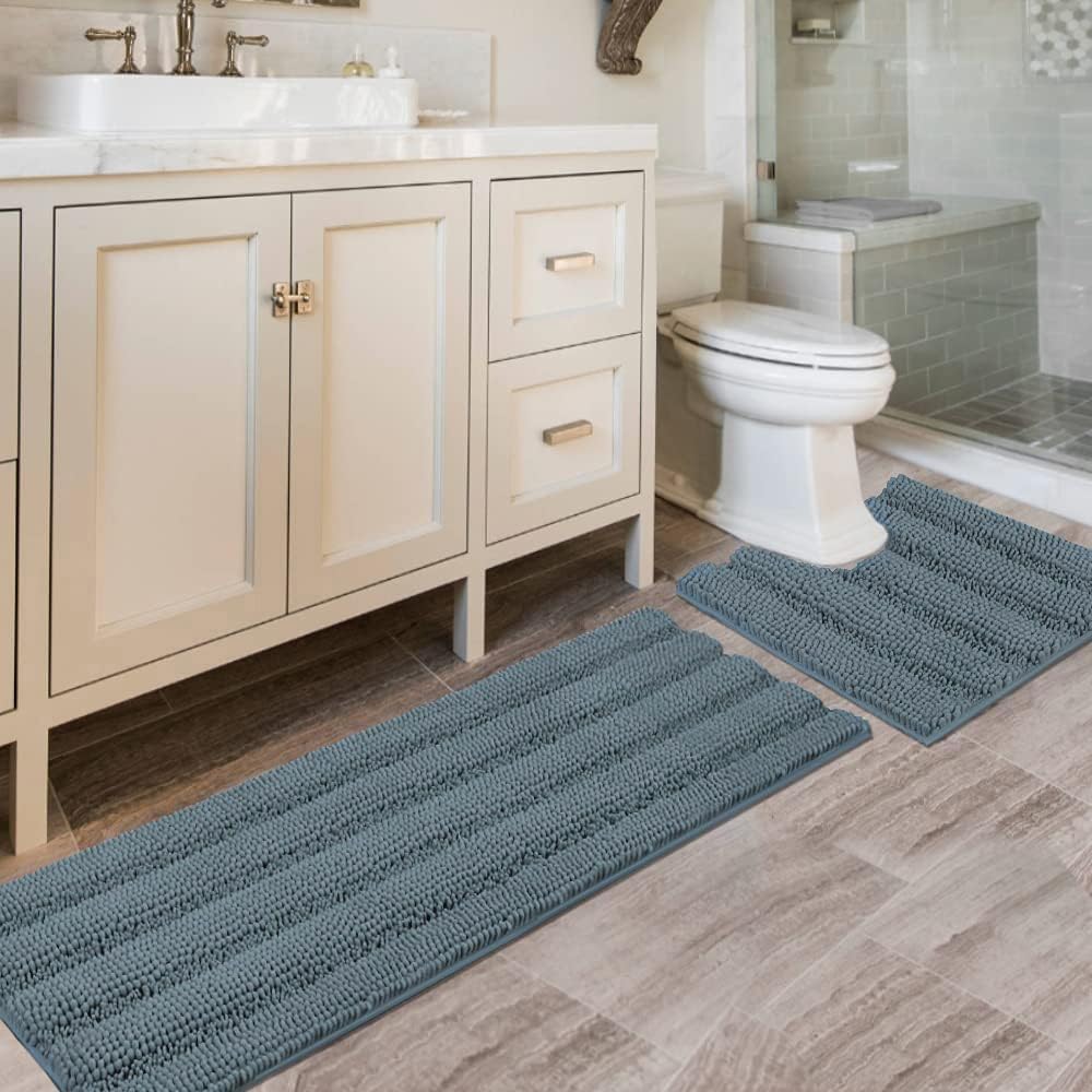H.VERSAILTEX Sage Bathroom Rugs, Bath Mat Set of 2 Extra Thick Chenille Striped Pattern Shaggy Bath Rugs for Bath Room, Non Skid Bath Mats for Bathroom Floor (32 x 20 Plus 24 x 17 - Inches)