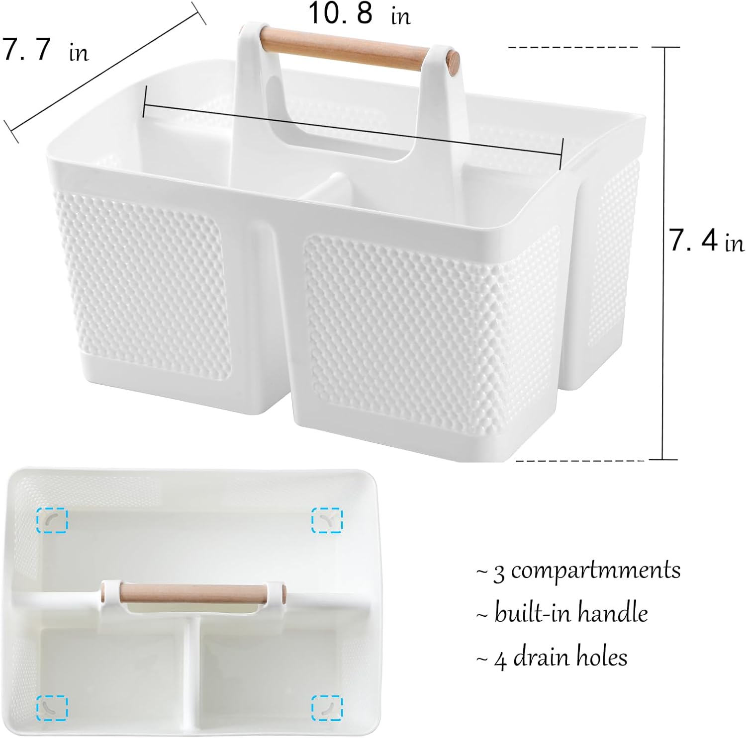 rejomiik Portable Shower Caddy Basket Plastic Cleaning Caddy Organizer Storage Tote with Handle for Bathroom, College, Dorm Room Essentials, White