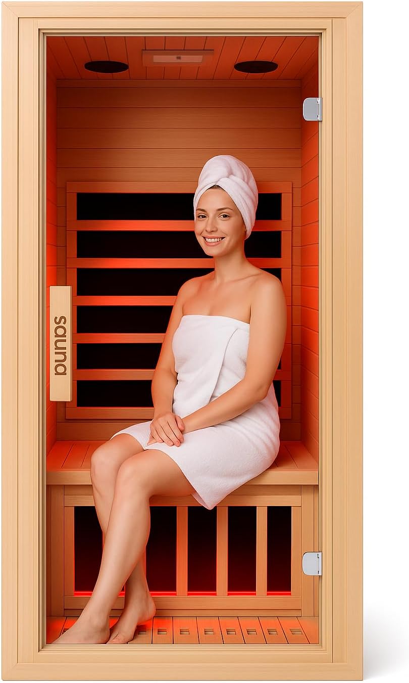 Far Infrared Sauna for 1 Person - 1050W Fast Heating, Canadian Hemlock Wood Home Sauna with Bluetooth Speaker, Chromotherapy & Oxygen Ionizer Easy Assembly Indoor Sauna for Relaxation, Detox, Home Gym