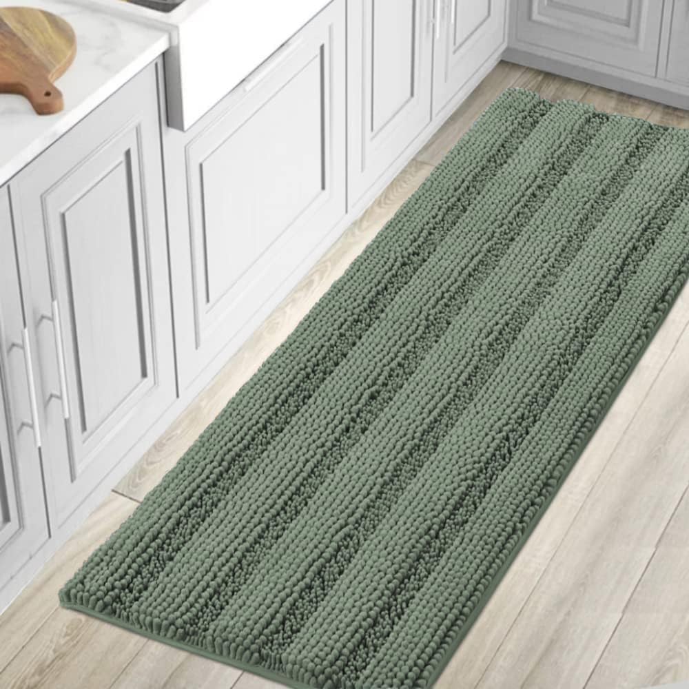 H.VERSAILTEX Sage Bathroom Rugs, Bath Mat Set of 2 Extra Thick Chenille Striped Pattern Shaggy Bath Rugs for Bath Room, Non Skid Bath Mats for Bathroom Floor (32 x 20 Plus 24 x 17 - Inches)