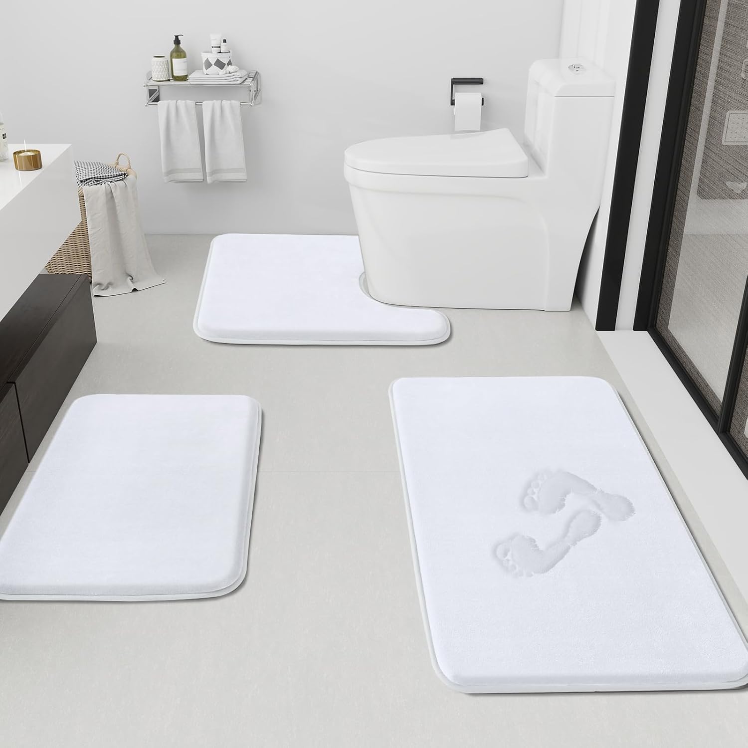 HUXMEYSON Bathroom Rugs Sets 3 Piece, Non-Slip & Quick Dry Bath Mat Set, Ultra Soft Velvet Bath Rugs for Bathroom, Toilet and Shower Floor, Grey