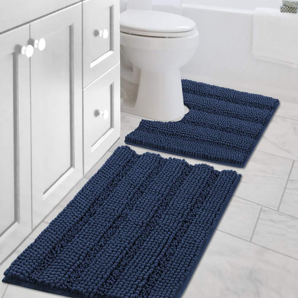 H.VERSAILTEX Sage Bathroom Rugs, Bath Mat Set of 2 Extra Thick Chenille Striped Pattern Shaggy Bath Rugs for Bath Room, Non Skid Bath Mats for Bathroom Floor (32 x 20 Plus 24 x 17 - Inches)