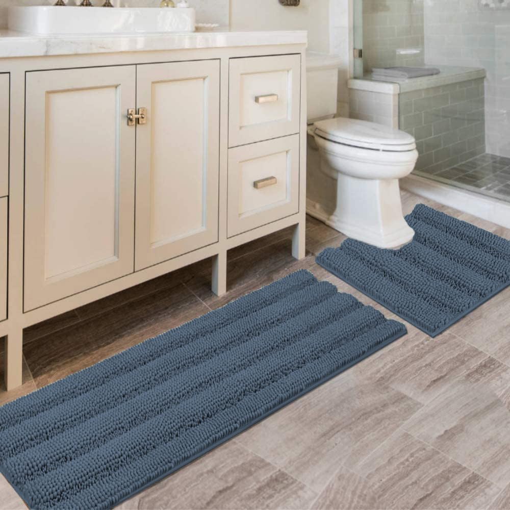 H.VERSAILTEX Sage Bathroom Rugs, Bath Mat Set of 2 Extra Thick Chenille Striped Pattern Shaggy Bath Rugs for Bath Room, Non Skid Bath Mats for Bathroom Floor (32 x 20 Plus 24 x 17 - Inches)