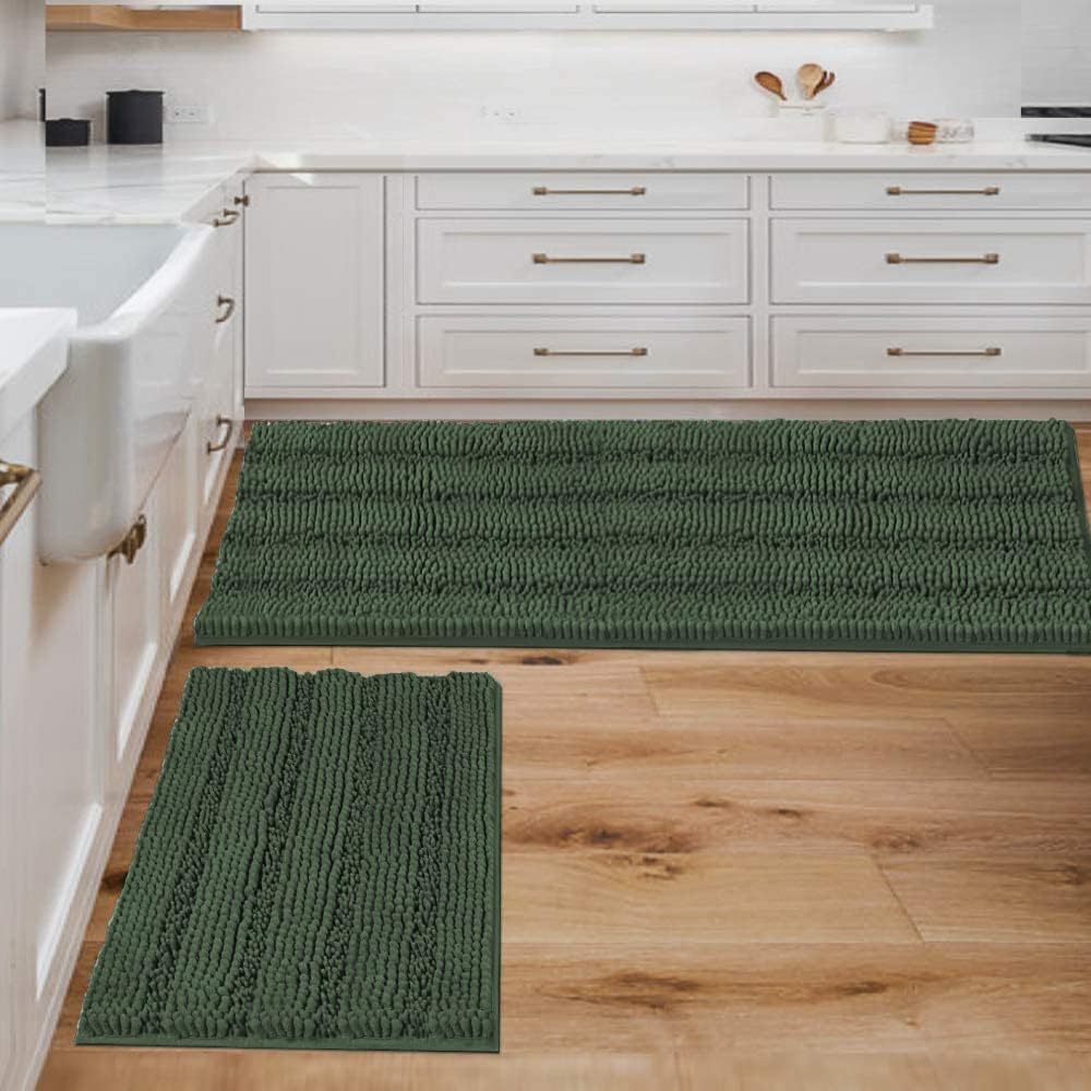H.VERSAILTEX Sage Bathroom Rugs, Bath Mat Set of 2 Extra Thick Chenille Striped Pattern Shaggy Bath Rugs for Bath Room, Non Skid Bath Mats for Bathroom Floor (32 x 20 Plus 24 x 17 - Inches)