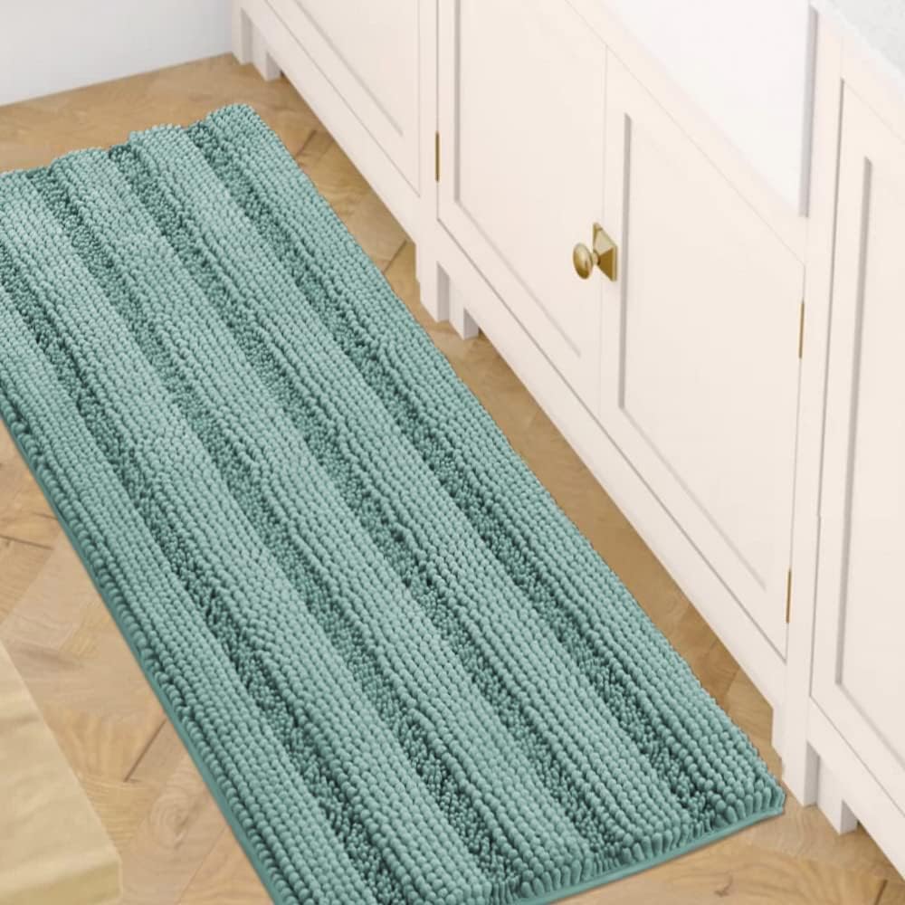 H.VERSAILTEX Sage Bathroom Rugs, Bath Mat Set of 2 Extra Thick Chenille Striped Pattern Shaggy Bath Rugs for Bath Room, Non Skid Bath Mats for Bathroom Floor (32 x 20 Plus 24 x 17 - Inches)