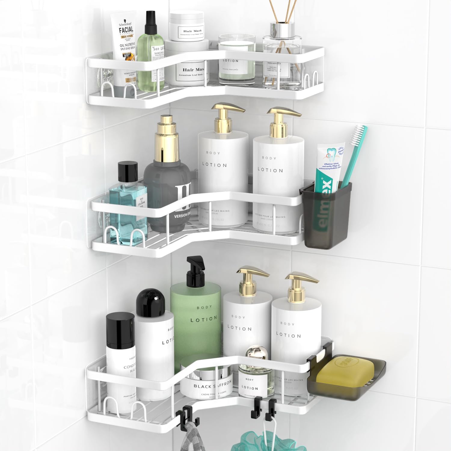 Corner Shower Caddy, 2 Pack Adhesive Shower Corner Organizer Shelves, No Drilling Stainless Steel Shower Storage Rack with Hooks&Toothpaste Holder for Bathroom Kitchen （for 90° Corners Only）