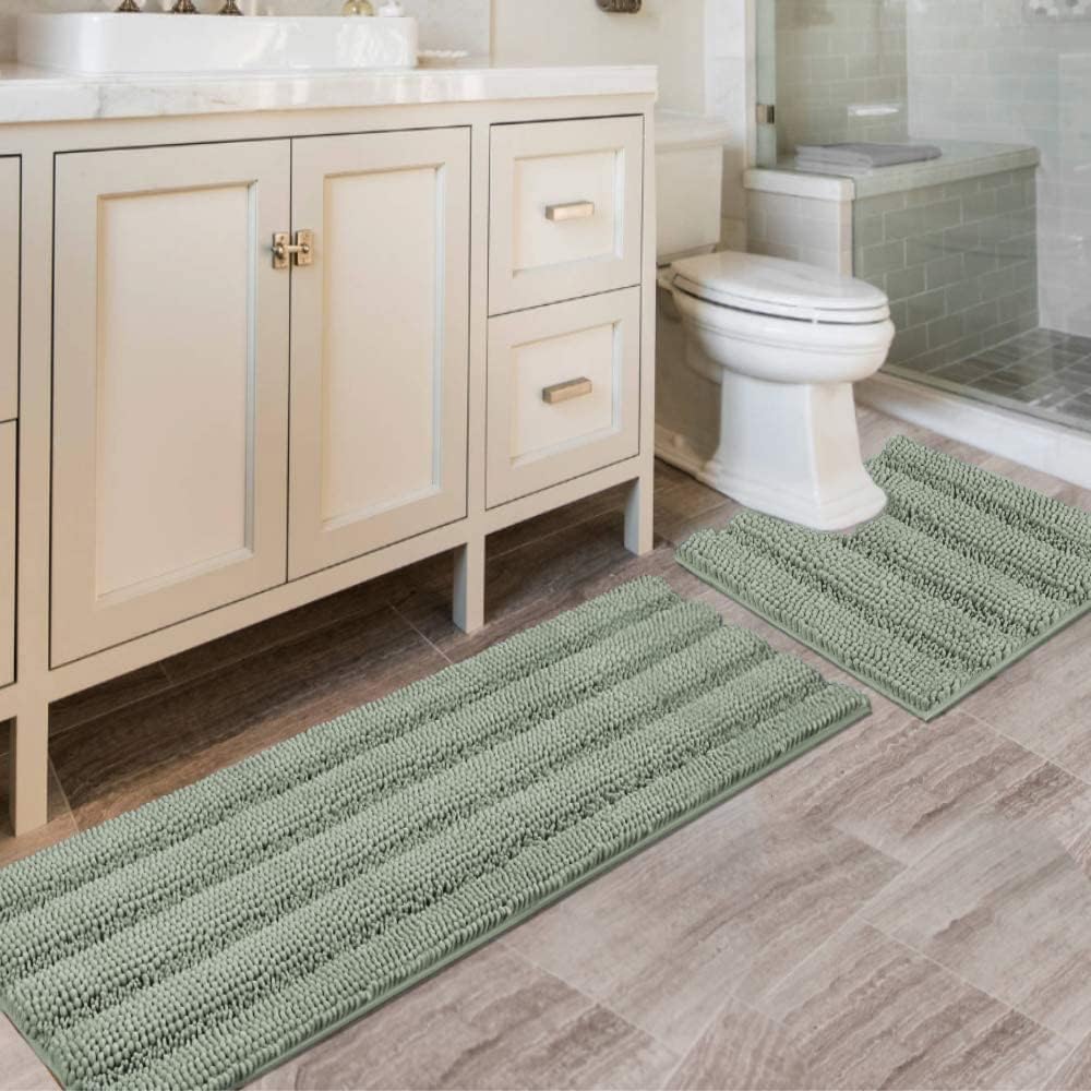 H.VERSAILTEX Sage Bathroom Rugs, Bath Mat Set of 2 Extra Thick Chenille Striped Pattern Shaggy Bath Rugs for Bath Room, Non Skid Bath Mats for Bathroom Floor (32 x 20 Plus 24 x 17 - Inches)