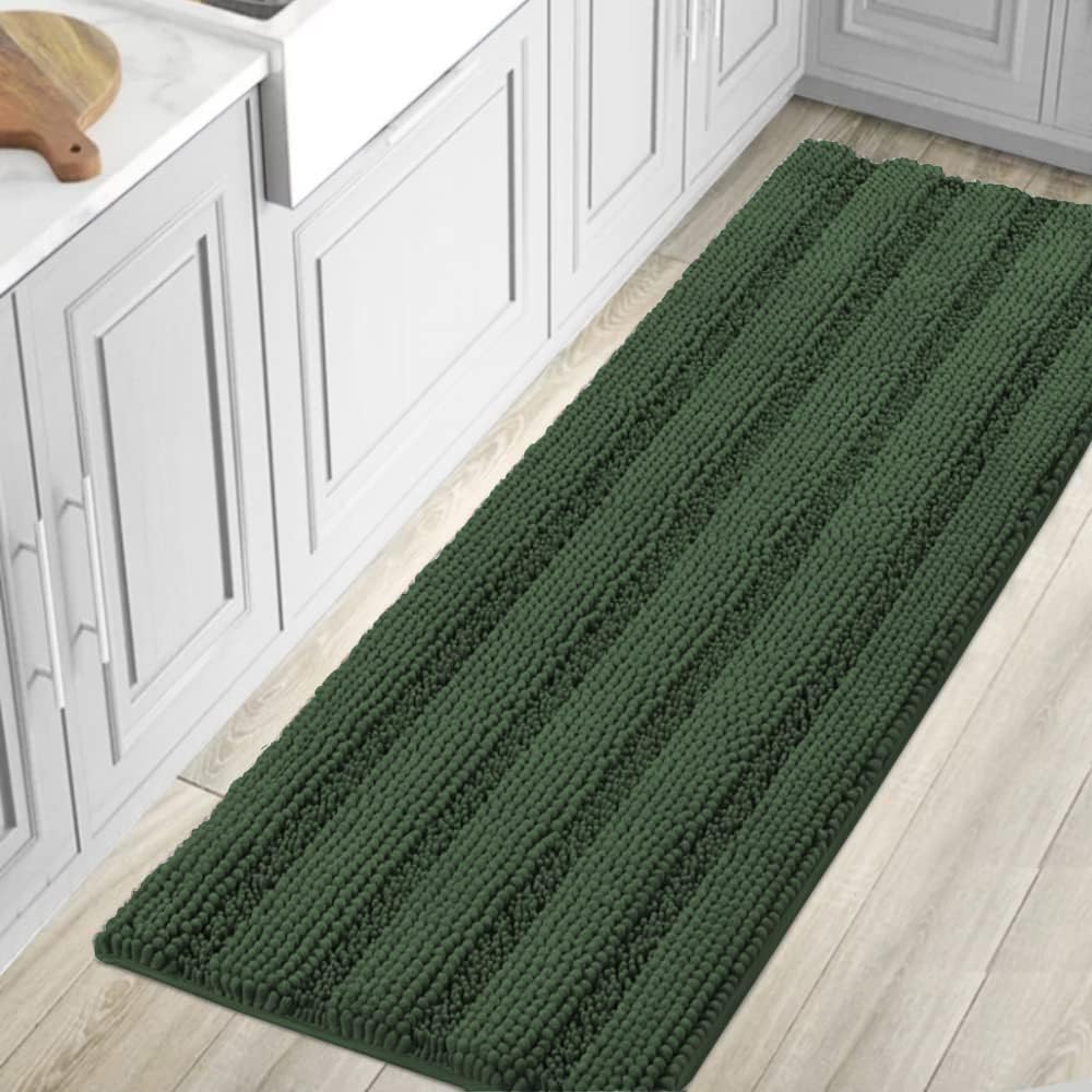 H.VERSAILTEX Sage Bathroom Rugs, Bath Mat Set of 2 Extra Thick Chenille Striped Pattern Shaggy Bath Rugs for Bath Room, Non Skid Bath Mats for Bathroom Floor (32 x 20 Plus 24 x 17 - Inches)