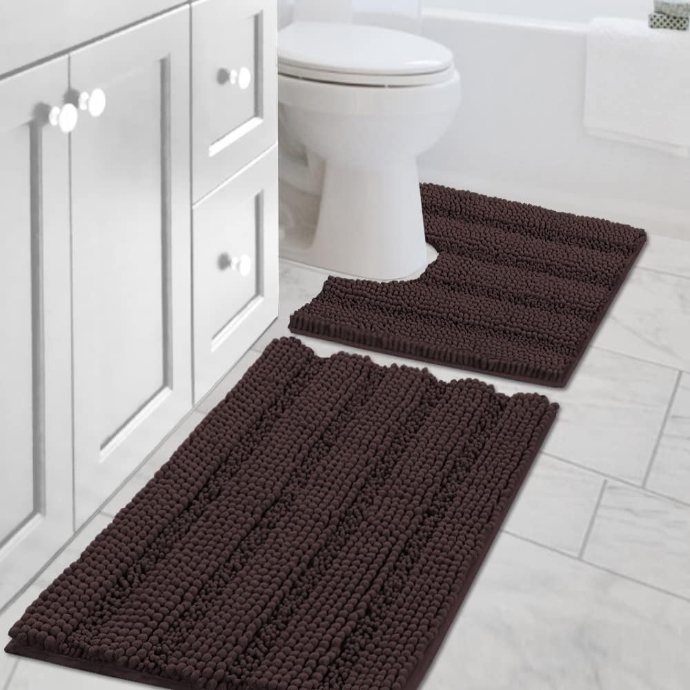 H.VERSAILTEX Sage Bathroom Rugs, Bath Mat Set of 2 Extra Thick Chenille Striped Pattern Shaggy Bath Rugs for Bath Room, Non Skid Bath Mats for Bathroom Floor (32 x 20 Plus 24 x 17 - Inches)
