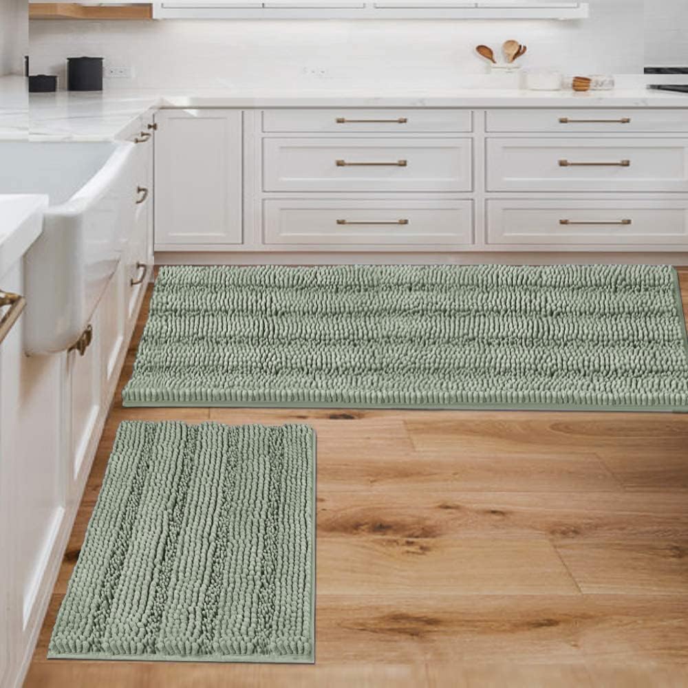 H.VERSAILTEX Sage Bathroom Rugs, Bath Mat Set of 2 Extra Thick Chenille Striped Pattern Shaggy Bath Rugs for Bath Room, Non Skid Bath Mats for Bathroom Floor (32 x 20 Plus 24 x 17 - Inches)