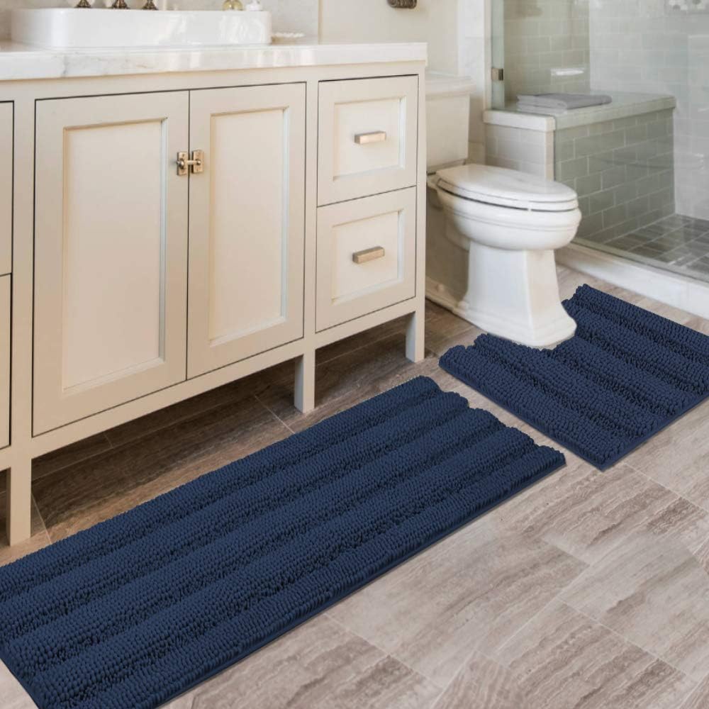 H.VERSAILTEX Sage Bathroom Rugs, Bath Mat Set of 2 Extra Thick Chenille Striped Pattern Shaggy Bath Rugs for Bath Room, Non Skid Bath Mats for Bathroom Floor (32 x 20 Plus 24 x 17 - Inches)