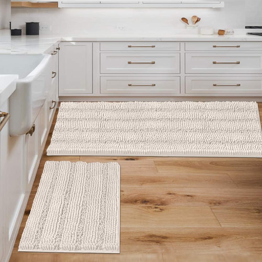 H.VERSAILTEX Sage Bathroom Rugs, Bath Mat Set of 2 Extra Thick Chenille Striped Pattern Shaggy Bath Rugs for Bath Room, Non Skid Bath Mats for Bathroom Floor (32 x 20 Plus 24 x 17 - Inches)