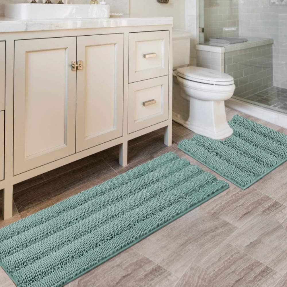 H.VERSAILTEX Sage Bathroom Rugs, Bath Mat Set of 2 Extra Thick Chenille Striped Pattern Shaggy Bath Rugs for Bath Room, Non Skid Bath Mats for Bathroom Floor (32 x 20 Plus 24 x 17 - Inches)