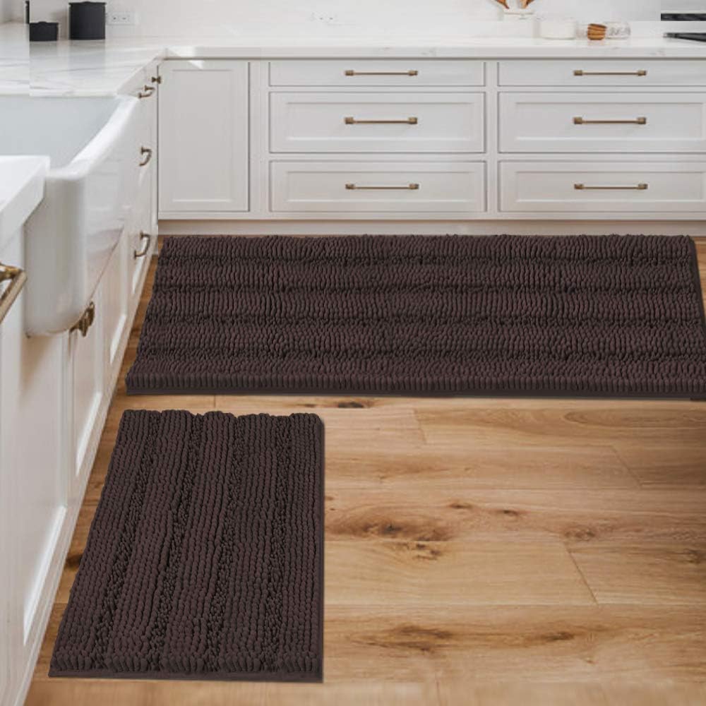 H.VERSAILTEX Sage Bathroom Rugs, Bath Mat Set of 2 Extra Thick Chenille Striped Pattern Shaggy Bath Rugs for Bath Room, Non Skid Bath Mats for Bathroom Floor (32 x 20 Plus 24 x 17 - Inches)