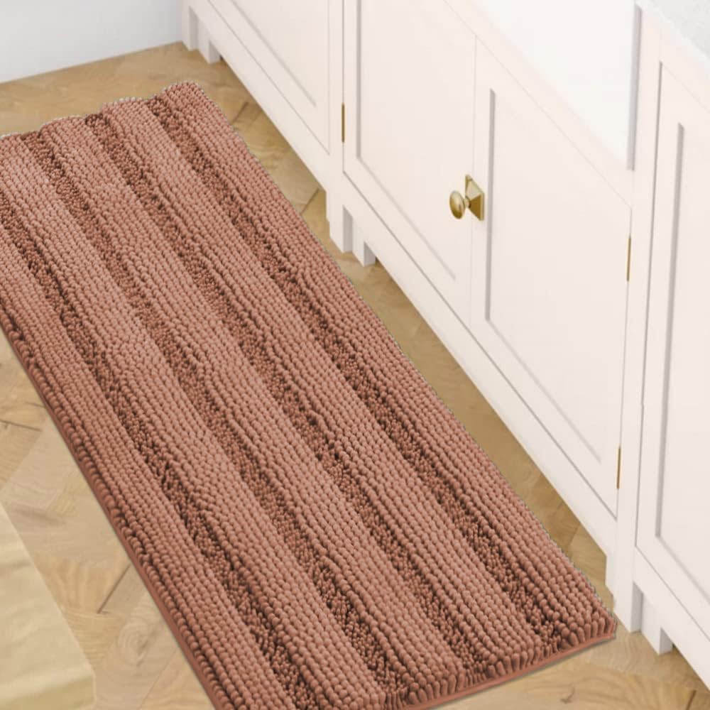 H.VERSAILTEX Sage Bathroom Rugs, Bath Mat Set of 2 Extra Thick Chenille Striped Pattern Shaggy Bath Rugs for Bath Room, Non Skid Bath Mats for Bathroom Floor (32 x 20 Plus 24 x 17 - Inches)