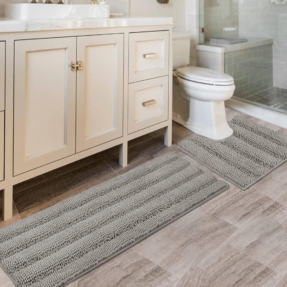 H.VERSAILTEX Sage Bathroom Rugs, Bath Mat Set of 2 Extra Thick Chenille Striped Pattern Shaggy Bath Rugs for Bath Room, Non Skid Bath Mats for Bathroom Floor (32 x 20 Plus 24 x 17 - Inches)