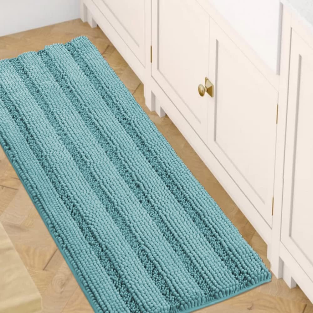 H.VERSAILTEX Sage Bathroom Rugs, Bath Mat Set of 2 Extra Thick Chenille Striped Pattern Shaggy Bath Rugs for Bath Room, Non Skid Bath Mats for Bathroom Floor (32 x 20 Plus 24 x 17 - Inches)