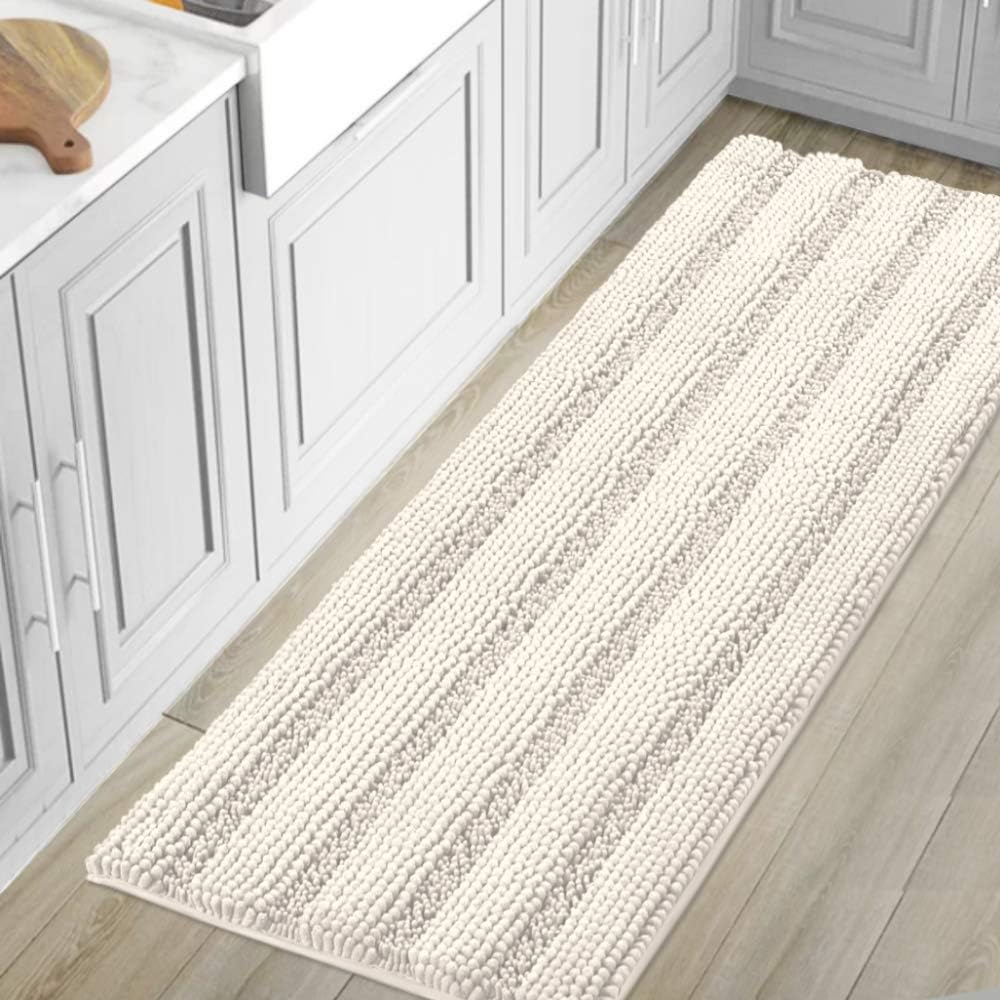 H.VERSAILTEX Sage Bathroom Rugs, Bath Mat Set of 2 Extra Thick Chenille Striped Pattern Shaggy Bath Rugs for Bath Room, Non Skid Bath Mats for Bathroom Floor (32 x 20 Plus 24 x 17 - Inches)