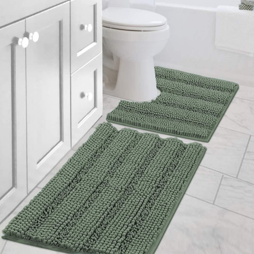 H.VERSAILTEX Sage Bathroom Rugs, Bath Mat Set of 2 Extra Thick Chenille Striped Pattern Shaggy Bath Rugs for Bath Room, Non Skid Bath Mats for Bathroom Floor (32 x 20 Plus 24 x 17 - Inches)