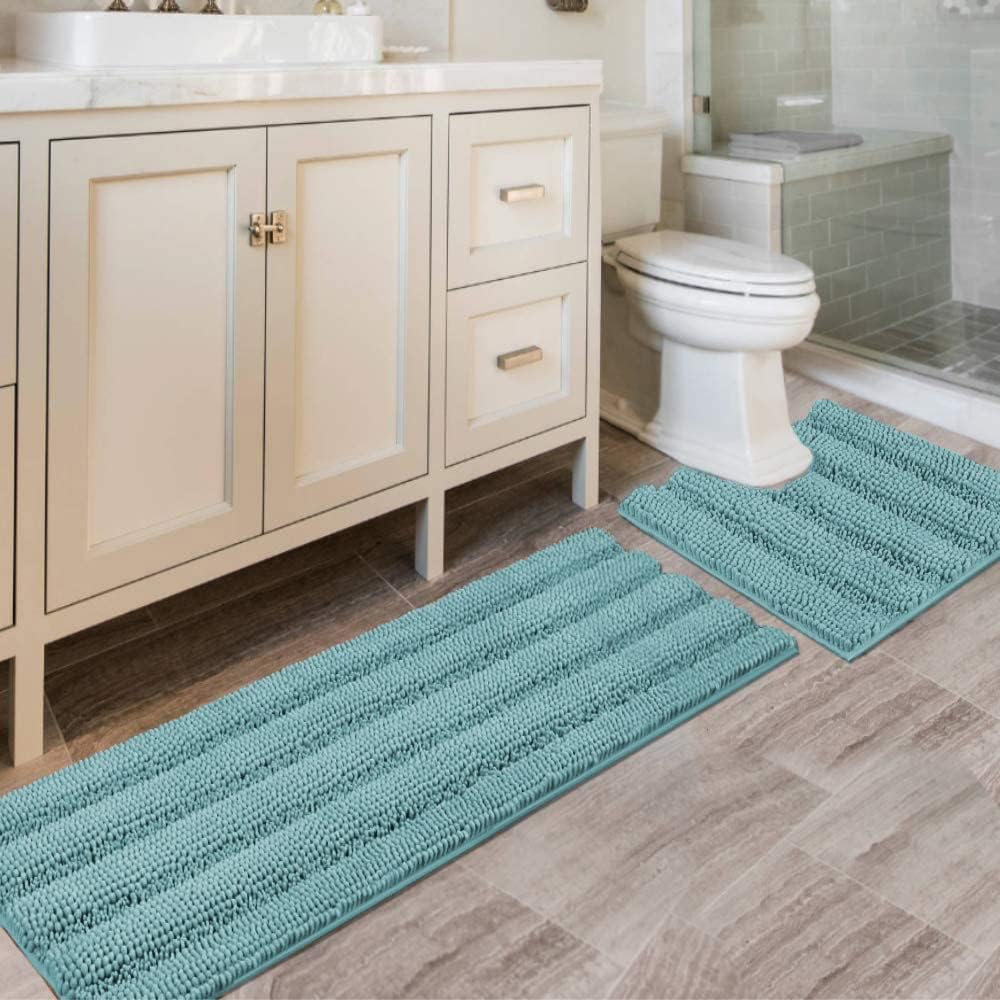 H.VERSAILTEX Sage Bathroom Rugs, Bath Mat Set of 2 Extra Thick Chenille Striped Pattern Shaggy Bath Rugs for Bath Room, Non Skid Bath Mats for Bathroom Floor (32 x 20 Plus 24 x 17 - Inches)