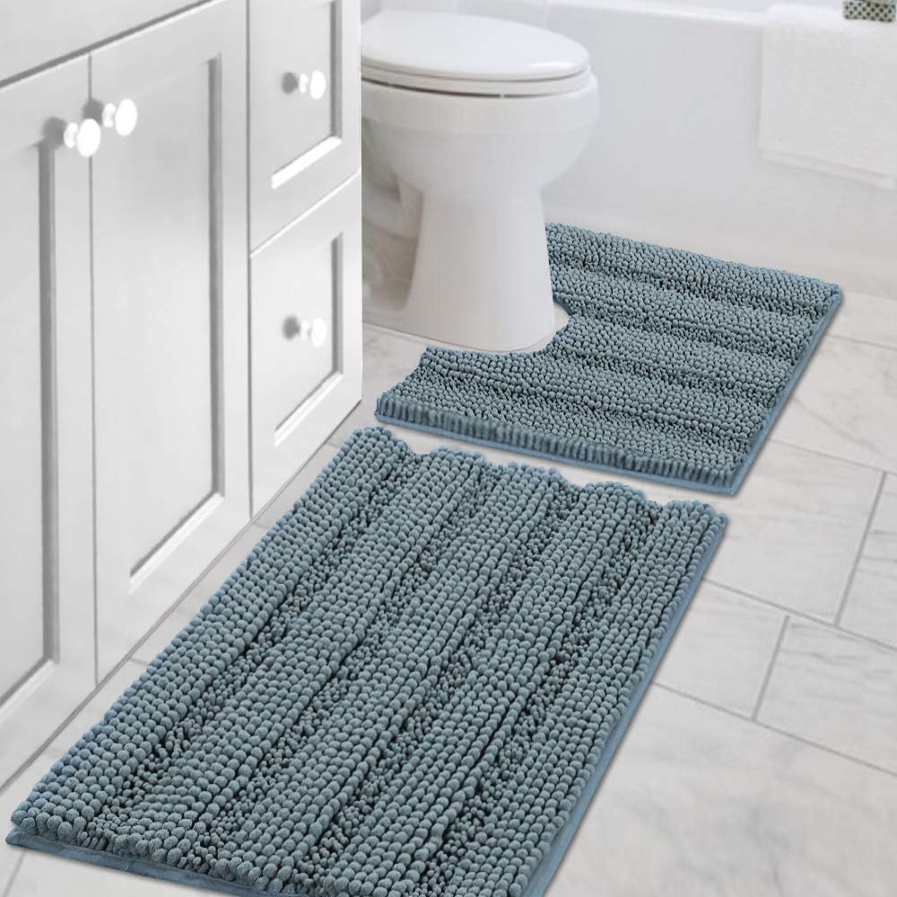 H.VERSAILTEX Sage Bathroom Rugs, Bath Mat Set of 2 Extra Thick Chenille Striped Pattern Shaggy Bath Rugs for Bath Room, Non Skid Bath Mats for Bathroom Floor (32 x 20 Plus 24 x 17 - Inches)