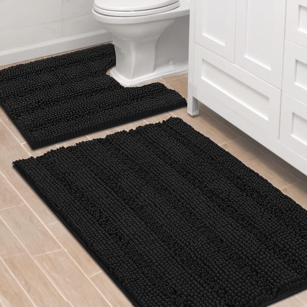 H.VERSAILTEX Sage Bathroom Rugs, Bath Mat Set of 2 Extra Thick Chenille Striped Pattern Shaggy Bath Rugs for Bath Room, Non Skid Bath Mats for Bathroom Floor (32 x 20 Plus 24 x 17 - Inches)