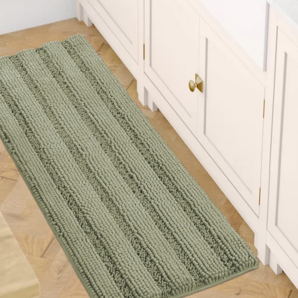 H.VERSAILTEX Sage Bathroom Rugs, Bath Mat Set of 2 Extra Thick Chenille Striped Pattern Shaggy Bath Rugs for Bath Room, Non Skid Bath Mats for Bathroom Floor (32 x 20 Plus 24 x 17 - Inches)