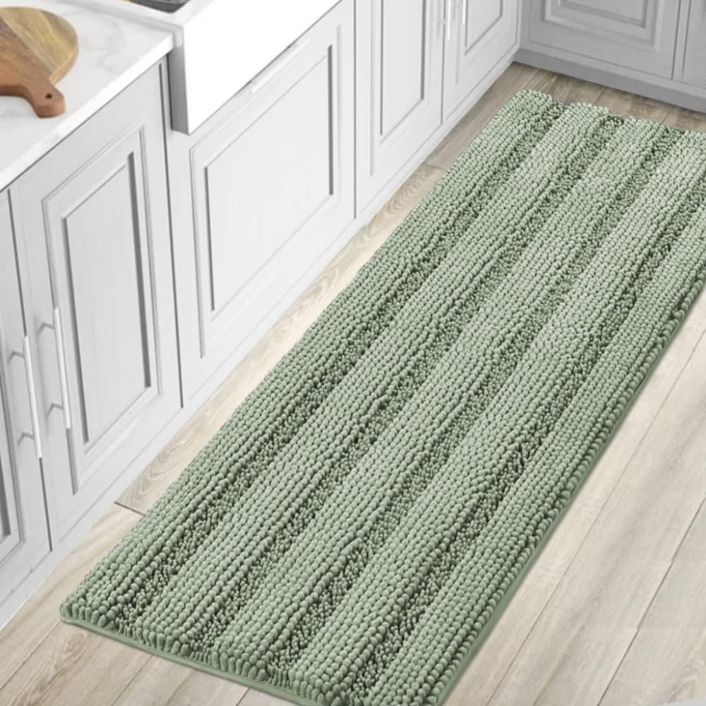 H.VERSAILTEX Sage Bathroom Rugs, Bath Mat Set of 2 Extra Thick Chenille Striped Pattern Shaggy Bath Rugs for Bath Room, Non Skid Bath Mats for Bathroom Floor (32 x 20 Plus 24 x 17 - Inches)