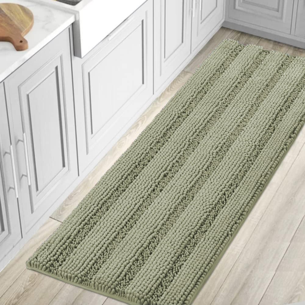 H.VERSAILTEX Sage Bathroom Rugs, Bath Mat Set of 2 Extra Thick Chenille Striped Pattern Shaggy Bath Rugs for Bath Room, Non Skid Bath Mats for Bathroom Floor (32 x 20 Plus 24 x 17 - Inches)