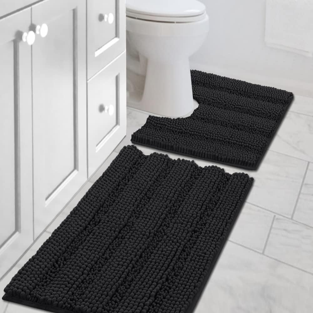 H.VERSAILTEX Sage Bathroom Rugs, Bath Mat Set of 2 Extra Thick Chenille Striped Pattern Shaggy Bath Rugs for Bath Room, Non Skid Bath Mats for Bathroom Floor (32 x 20 Plus 24 x 17 - Inches)