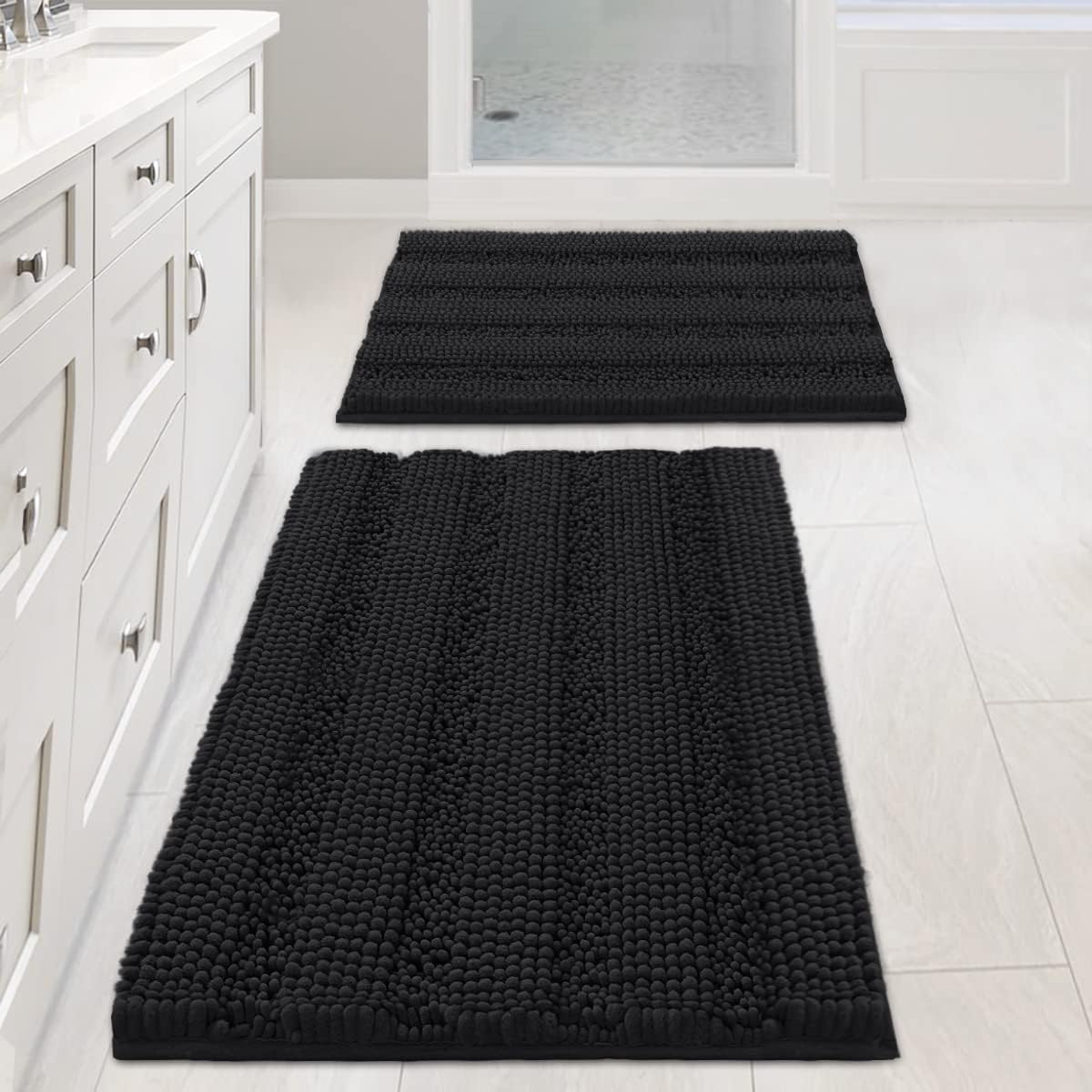 H.VERSAILTEX Sage Bathroom Rugs, Bath Mat Set of 2 Extra Thick Chenille Striped Pattern Shaggy Bath Rugs for Bath Room, Non Skid Bath Mats for Bathroom Floor (32 x 20 Plus 24 x 17 - Inches)