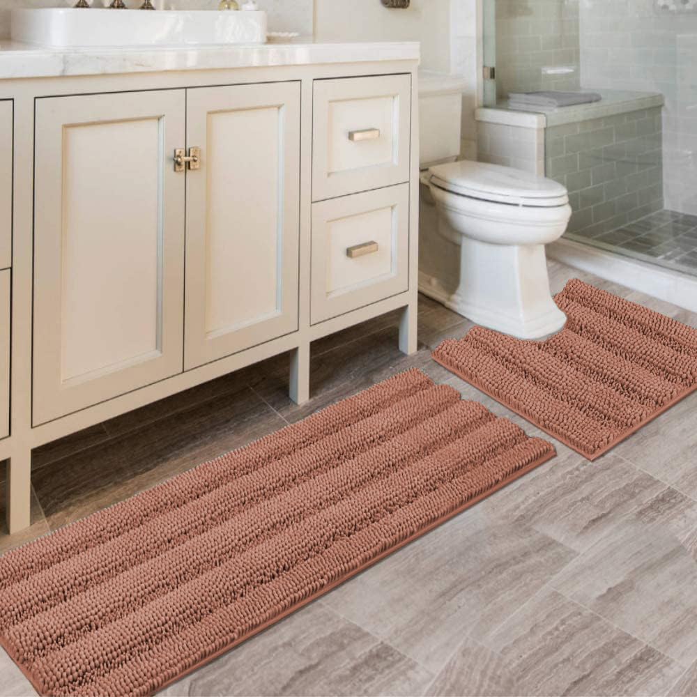 H.VERSAILTEX Sage Bathroom Rugs, Bath Mat Set of 2 Extra Thick Chenille Striped Pattern Shaggy Bath Rugs for Bath Room, Non Skid Bath Mats for Bathroom Floor (32 x 20 Plus 24 x 17 - Inches)
