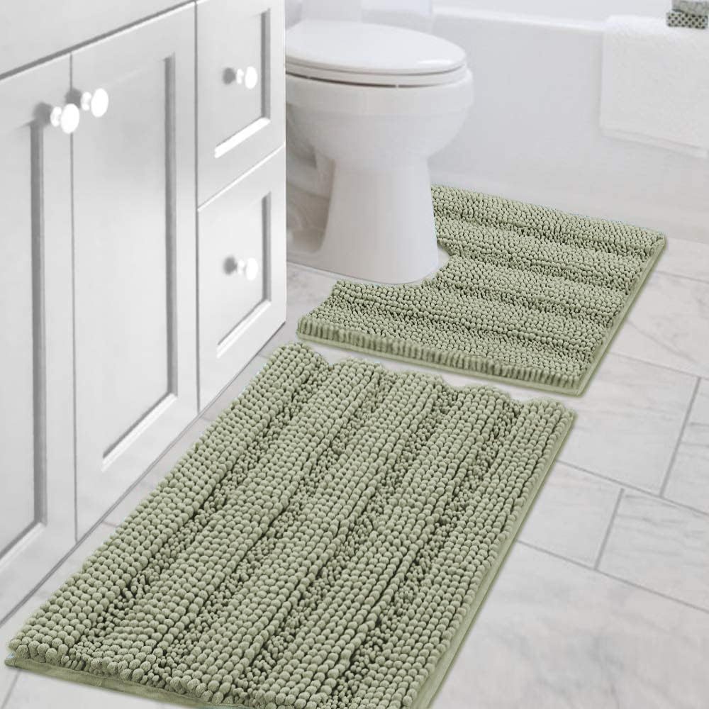 H.VERSAILTEX Sage Bathroom Rugs, Bath Mat Set of 2 Extra Thick Chenille Striped Pattern Shaggy Bath Rugs for Bath Room, Non Skid Bath Mats for Bathroom Floor (32 x 20 Plus 24 x 17 - Inches)