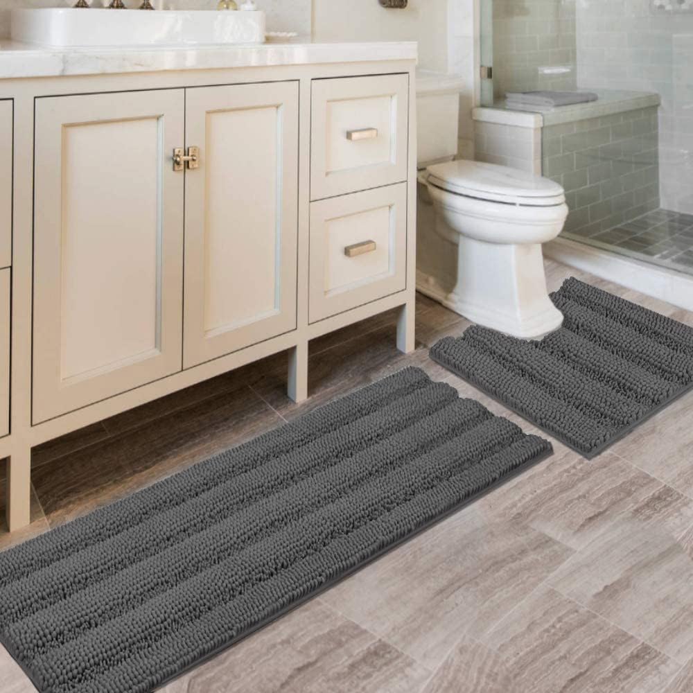 H.VERSAILTEX Sage Bathroom Rugs, Bath Mat Set of 2 Extra Thick Chenille Striped Pattern Shaggy Bath Rugs for Bath Room, Non Skid Bath Mats for Bathroom Floor (32 x 20 Plus 24 x 17 - Inches)