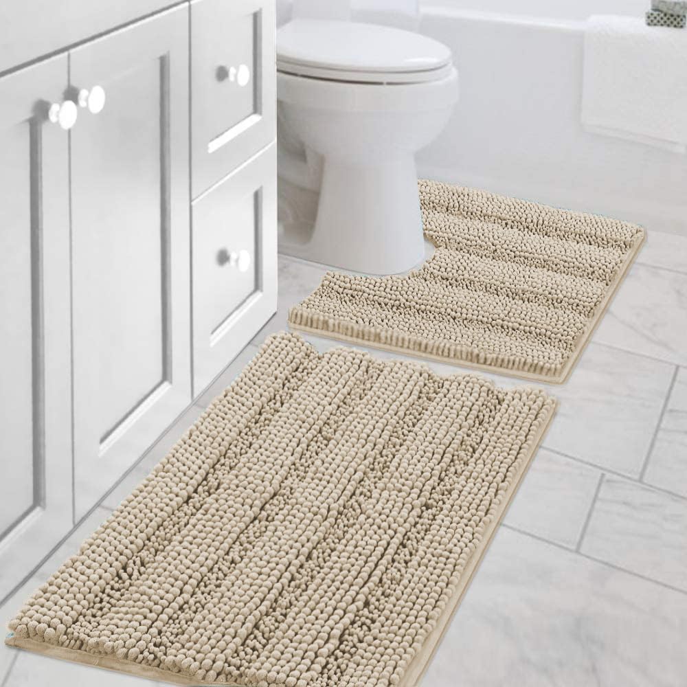 H.VERSAILTEX Sage Bathroom Rugs, Bath Mat Set of 2 Extra Thick Chenille Striped Pattern Shaggy Bath Rugs for Bath Room, Non Skid Bath Mats for Bathroom Floor (32 x 20 Plus 24 x 17 - Inches)