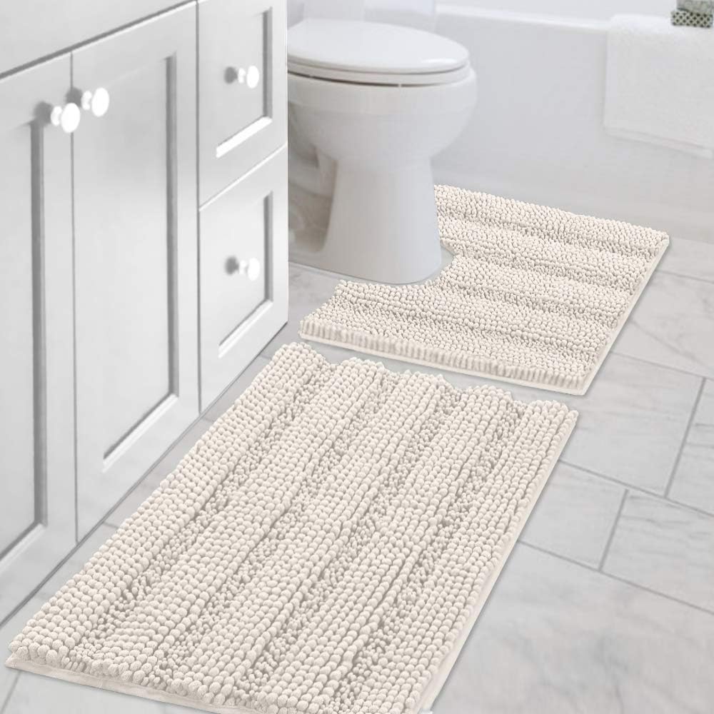 H.VERSAILTEX Sage Bathroom Rugs, Bath Mat Set of 2 Extra Thick Chenille Striped Pattern Shaggy Bath Rugs for Bath Room, Non Skid Bath Mats for Bathroom Floor (32 x 20 Plus 24 x 17 - Inches)