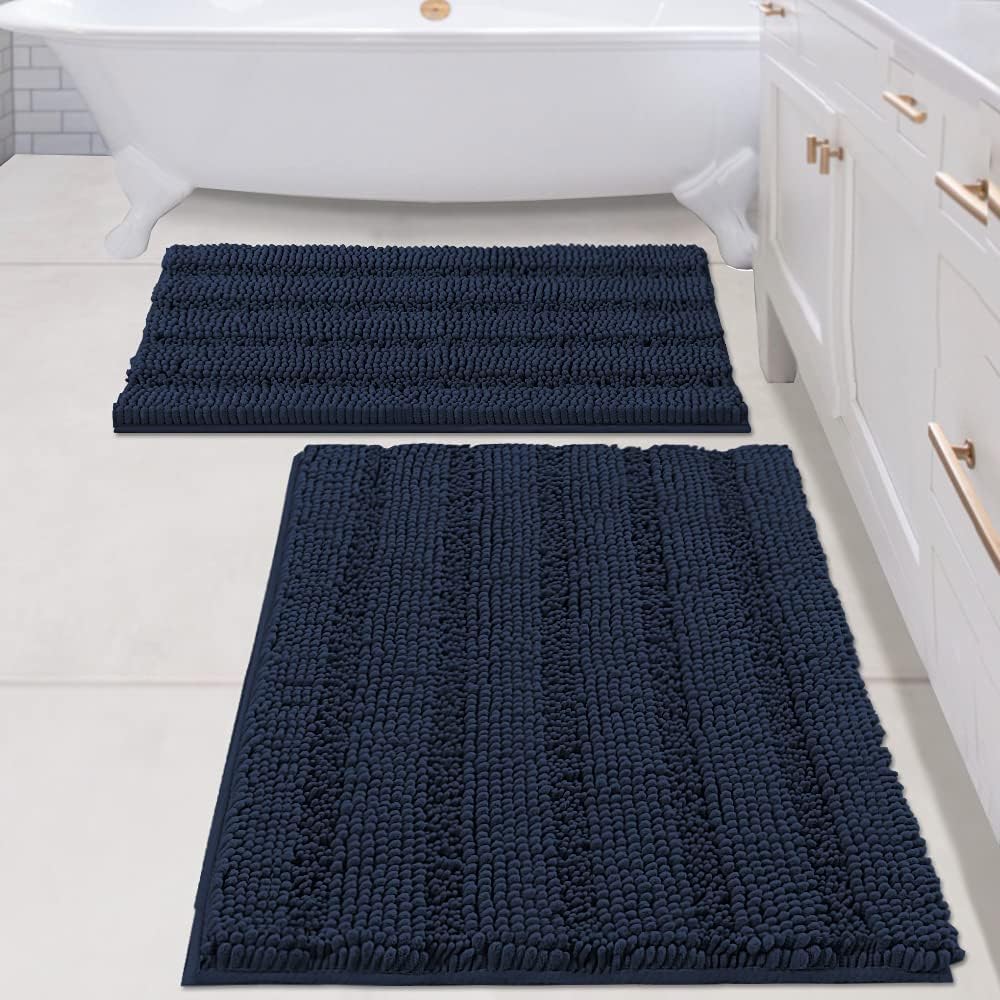 H.VERSAILTEX Sage Bathroom Rugs, Bath Mat Set of 2 Extra Thick Chenille Striped Pattern Shaggy Bath Rugs for Bath Room, Non Skid Bath Mats for Bathroom Floor (32 x 20 Plus 24 x 17 - Inches)