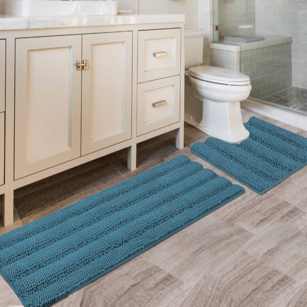 H.VERSAILTEX Sage Bathroom Rugs, Bath Mat Set of 2 Extra Thick Chenille Striped Pattern Shaggy Bath Rugs for Bath Room, Non Skid Bath Mats for Bathroom Floor (32 x 20 Plus 24 x 17 - Inches)