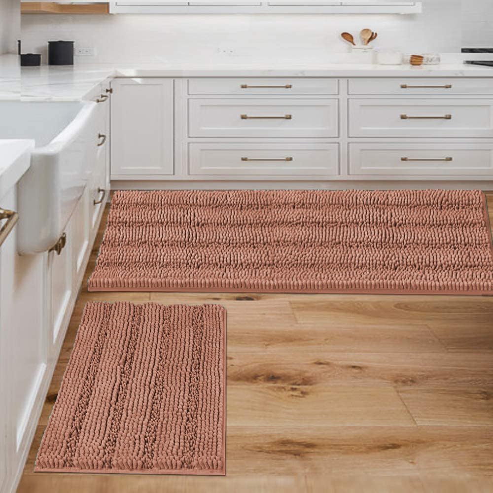 H.VERSAILTEX Sage Bathroom Rugs, Bath Mat Set of 2 Extra Thick Chenille Striped Pattern Shaggy Bath Rugs for Bath Room, Non Skid Bath Mats for Bathroom Floor (32 x 20 Plus 24 x 17 - Inches)