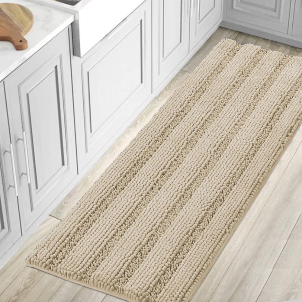 H.VERSAILTEX Sage Bathroom Rugs, Bath Mat Set of 2 Extra Thick Chenille Striped Pattern Shaggy Bath Rugs for Bath Room, Non Skid Bath Mats for Bathroom Floor (32 x 20 Plus 24 x 17 - Inches)