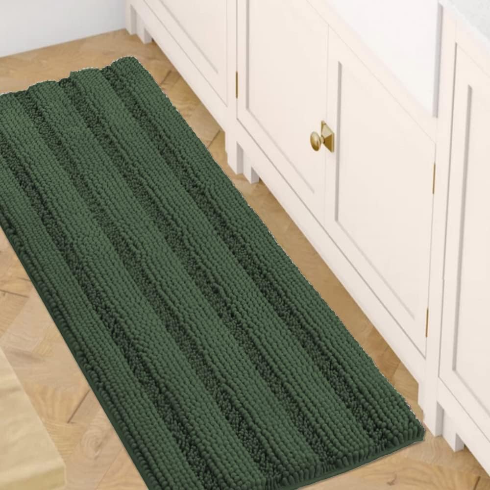 H.VERSAILTEX Sage Bathroom Rugs, Bath Mat Set of 2 Extra Thick Chenille Striped Pattern Shaggy Bath Rugs for Bath Room, Non Skid Bath Mats for Bathroom Floor (32 x 20 Plus 24 x 17 - Inches)